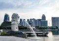 Singapore Merlion park skyline with tall buildings like pan pacific, mandarin oriental, conrad, esplanade at Marina bay, Singapore Royalty Free Stock Photo