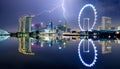 Singapore at night with storm and lightning bolt