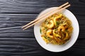 Singapore Noodles Mei Fun with shrimps, sausage, omelet and vegetables close-up on a plate. Horizontal top view