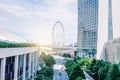 Cars traffic on Sheares ave with Singapore Flyer giant ferris wheel on background Royalty Free Stock Photo