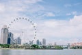 Singapore flyer`s cabin with cloudy sky background,Big ferris wheel in the modern city skyline and bay water on front, Singapore