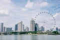 Singapore flyer`s cabin with cloudy sky background,Big ferris wheel in the modern city skyline and bay water on front, Singapore