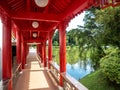 Singapore Nov 26, 2018: Traditional Chinese pavilions on the lake at The Chinese Gardens Lake, bridge, and Twin Pagoda,