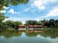 Singapore Nov 26, 2018: Traditional Chinese pavilions on the lake at The Chinese Gardens Lake, bridge, and Twin Pagoda, Royalty Free Stock Photo