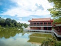 Singapore Nov 26, 2018: Traditional Chinese pavilions on the lake at The Chinese Gardens Lake, bridge, and Twin Pagoda,