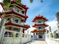 Singapore Nov 26, 2018: The Twin Pagodas on Jurong Lake, A beautiful chinese style building with blue sky in the Chinese Garden Royalty Free Stock Photo