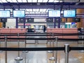 SINGAPORE - 4 OCT 2019 Ã¢â¬â Frontal view of empty check-in counters at Singapore Changi Airport Terminal 1 Departure Hall