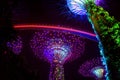 Singapore - Oct 14, 2018: Light show of Supertrees in Gardens by the Bay at night Royalty Free Stock Photo