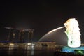 Singapore - October 12th of 2015: Merlion Statue Landmark with Marina Bay Sands Hotel in background night. Royalty Free Stock Photo