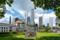 Singapore Parliament building in front of Singapore business district skyline financial downtown building at Marina Bay, Singapore Royalty Free Stock Photo