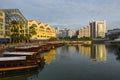 The Singapore River with with tour boats moored in front of Riverside Point on the left, and Clarke Quay on the right Royalty Free Stock Photo