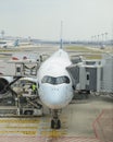 Singapore, Singapore - August 16, 2018 : Cathay Pacific Airbus 350-900XWB ready for boarding in Singapore airport Royalty Free Stock Photo