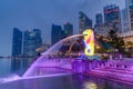 Singapore, Singapore - circa September 2015: Merlion Statue and Fontain in Singapore by night