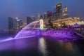 Singapore, Singapore - circa September 2015: Merlion Statue and Fontain in Singapore by night