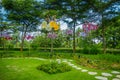 SINGAPORE, SINGAPORE - FEBRUARY 01, 2018: Beautiful outdoor view of gorgeous glass flowers of fantasy garden in the