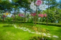 SINGAPORE, SINGAPORE - FEBRUARY 01, 2018: Beautiful outdoor view of gorgeous glass flowers of fantasy garden in the