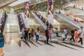 SINGAPORE, SINGAPORE - MARCH 12, 2018: Escalators at Dhoby Ghaut MRT interchange station in Singapo