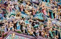 SINGAPORE, SINGAPORE - MARCH 2019: Intricate Hindu art and deity carvings on the facade of Sri Veeramakaliamman Temple in Little
