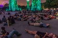 SINGAPORE, SINGAPORE - MARCH 11, 2018: People watch a lightshow Garden Rhapsody at the Supertree Grove in Singapo