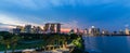 Singapore skyline cityscape and sunset on marina bay in twilight time . Panoramic view . Taken photo on marina barrage Royalty Free Stock Photo