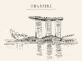 Singapore skyline, Southeast Asia. Singapore landscape and waterfront. View from water. Travel sketch