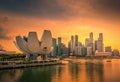 Singapore Skyline and view of skyscrapers on Marina Bay at sunset. Royalty Free Stock Photo