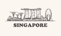 Singapore skyline, vintage vector illustration, hand drawn.