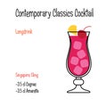 Singapore sling alcoholic cocktail vector illustration recipe isolated Royalty Free Stock Photo