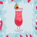 Singapore sling cocktail illustration. Alcoholic classic bar drink hand drawn vector. Pop art