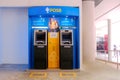 Singapore 2020 Straight front view angle of standalone POSB bank ATM booth Automated Teller Machine. Safe distancing zones are