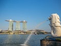 Singapore : Marina Bay Sands casino hotel resort with infinity pool, congress center and shopping mall, merlion Royalty Free Stock Photo