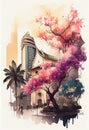 Singapore watercolor sketch artwork, AI generative. Spring