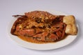 SINGAPOREAN CHILI CRAB with sauce in dish top view on grey background singapore food Royalty Free Stock Photo