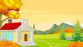Singe House in Grass Field Autumn Forest With Trees and Mountain Cartoon Vector Illustration