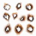 Singed paper. Burnt round holes flame collection, parchment with burns sheet edge, ash brown effect, fire cracked dirty Royalty Free Stock Photo