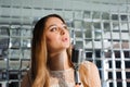 Singer in front of a microphone in a karaoke club.