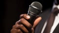 The singer hand holds the microphone, captivating the audience generated by AI