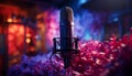 Singer performs on stage, microphone captures music in spotlight generated by AI Royalty Free Stock Photo