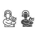 Singer with studio microphone line and solid icon, Sound design concept, Man with microphone silhouette sign on white