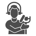 Singer with studio microphone solid icon, Sound design concept, Man with microphone silhouette sign on white background