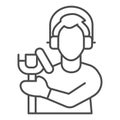 Singer with studio microphone thin line icon, Sound design concept, Man with microphone silhouette sign on white