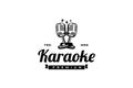 Singer vocal karaoke or podcast station logo with retro microphone. Design element for logo, label, emblem, sign