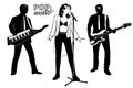 Silhouettes Set of Pop Music Singer Woman with Musicians. Girl singing, men playing on keytar and electric guitar. Royalty Free Stock Photo