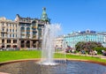 Singer Zinger House on Nevsky prospect and fountain on Kazan square, St. Petersburg, Russia