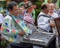 Singers men at cimbalom and acordeon from Romania in traditional costume Royalty Free Stock Photo