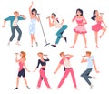 Singers performing with microphones set. Young men and women singing song and dancing cartoon vector illustration