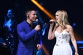 Singers Stas Piekha and Valeria performs on stage during the Viktor Drobysh 50th year birthday concert