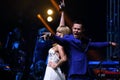 Singers Stas Piekha and Valeria performs on stage during the Viktor Drobysh 50th year birthday concert