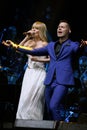 Singers Stas Piekha and Valeria performs on stage during the Viktor Drobysh 50th year birthday concert