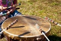 Singing and beating the leather drums Royalty Free Stock Photo